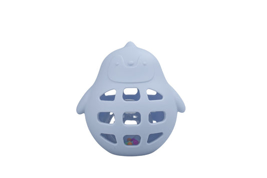 Blue Silicone Penguin Rattle by Koala Dream, a fun sensory toy for babies at home.