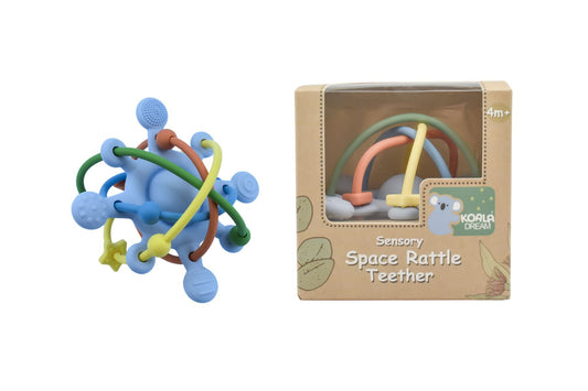 Blue Koala Dream silicone space rattle teether for babies, perfect for soothing gums.