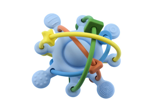 Blue silicone space rattle teether for babies, featuring cute koala design for soothing teething.