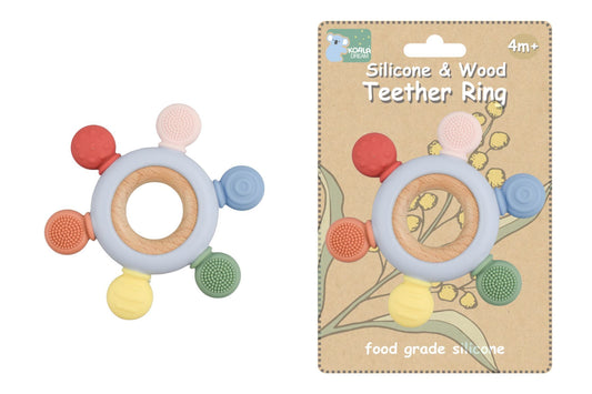 Koala Dream silicone & wood teething ring, ideal for soothing babies gums at home.