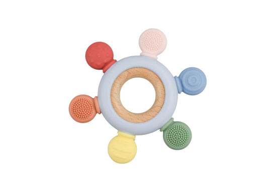 Koala Dream teething ring in blue with silicone & wood, ideal for soothing baby gums.