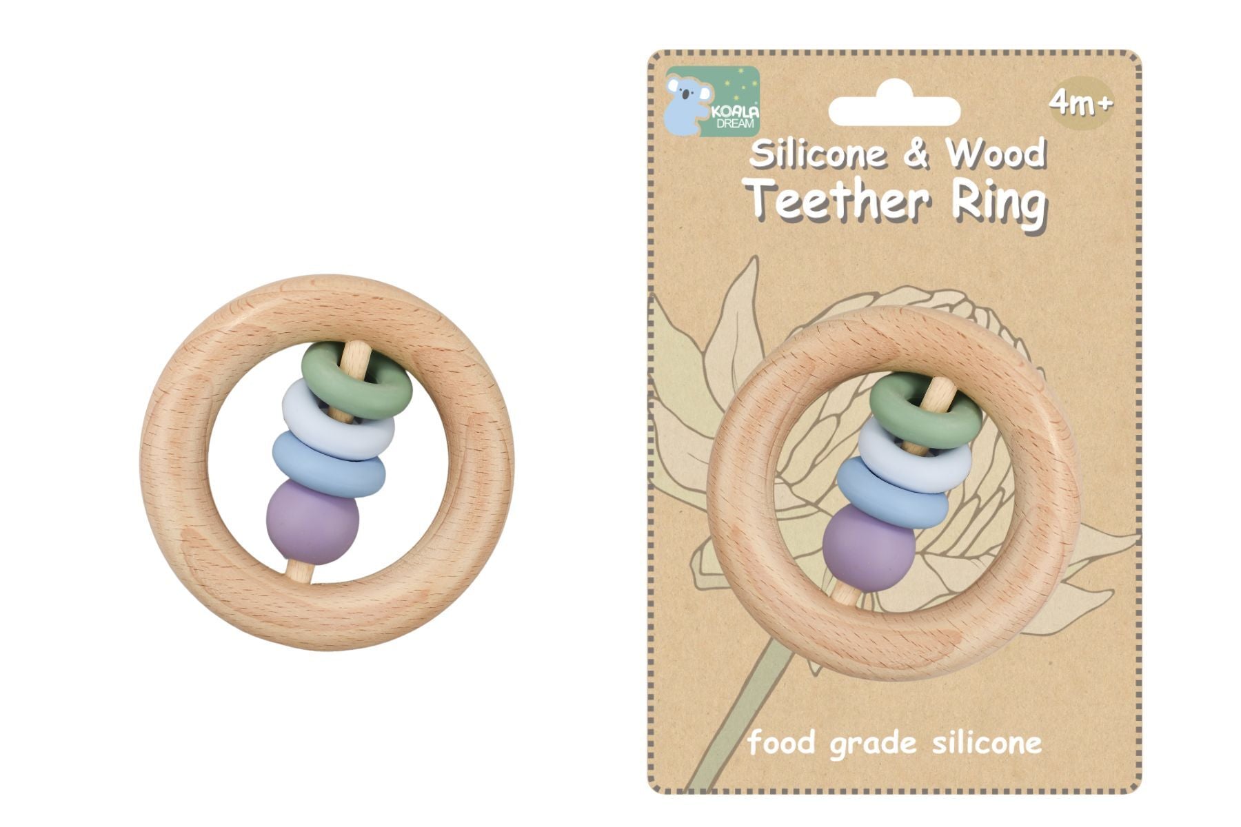 Silicone and wood teething ring in green color, perfect for soothing babys gums.