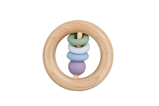 Green silicone & wood teething ring in cute Koala design for soothing baby gums.