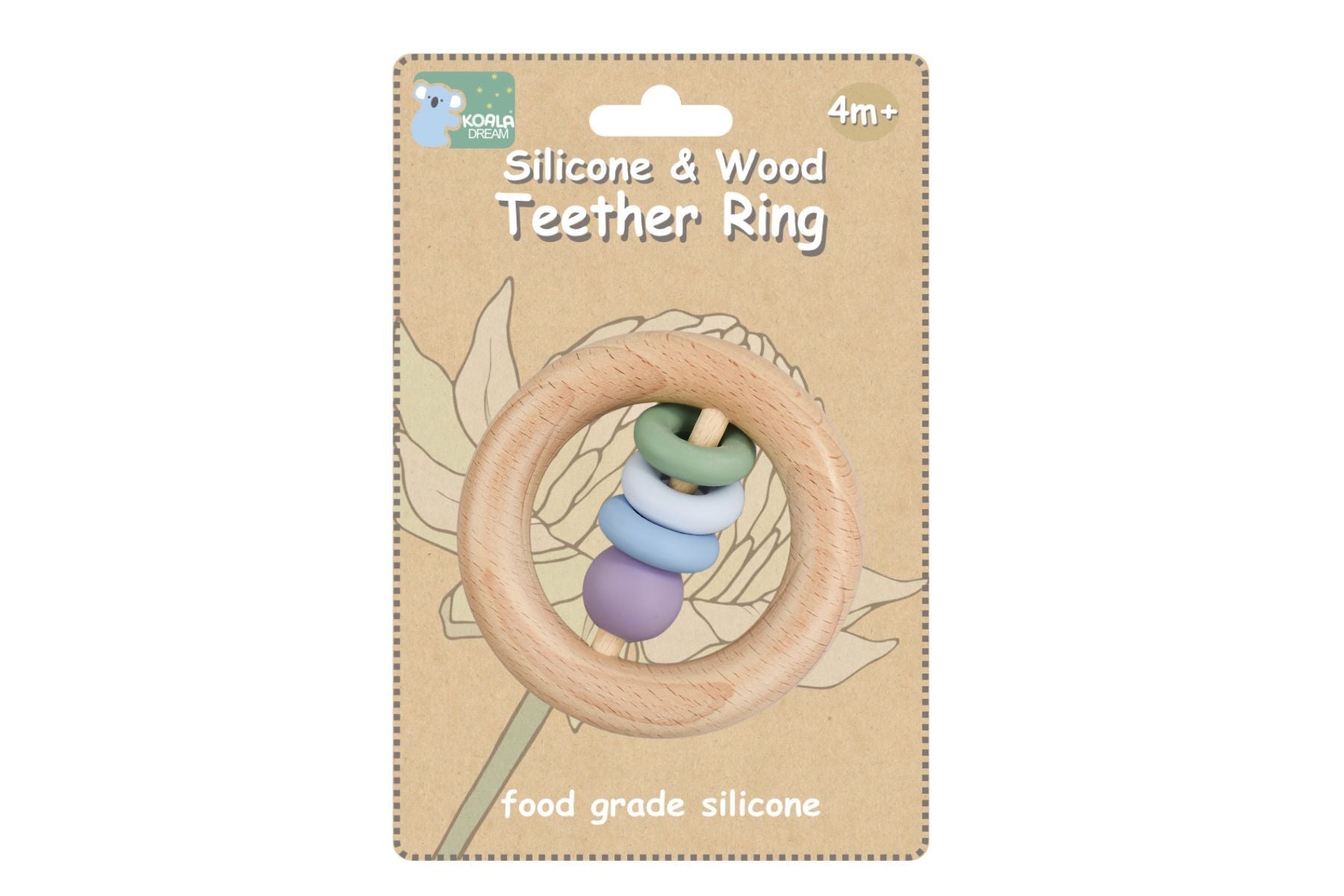 Green Koala Dream teething ring | Silicone & wood, perfect for soothing babys gums naturally.