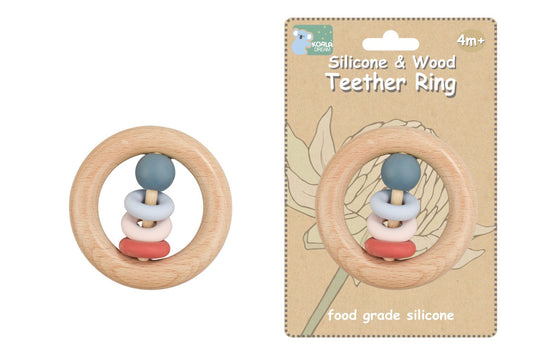 Red silicone & wood teething ring for infants, featuring koala dream design. Child-friendly teething aid.