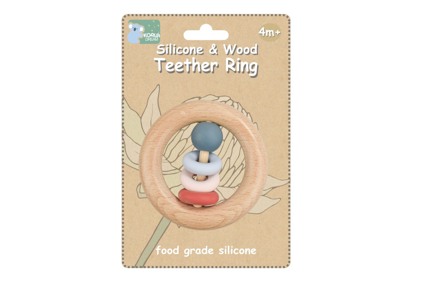 Red silicone & wood teething ring featuring koala motif, perfect for soothing babys gums.