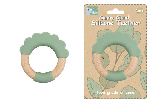 Green silicone and wood cloud teether for babies, soothing gums during teething.