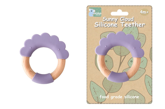 Purple Cloud teether with wooden ring by Koala Dream, perfect for soothing babys gums.