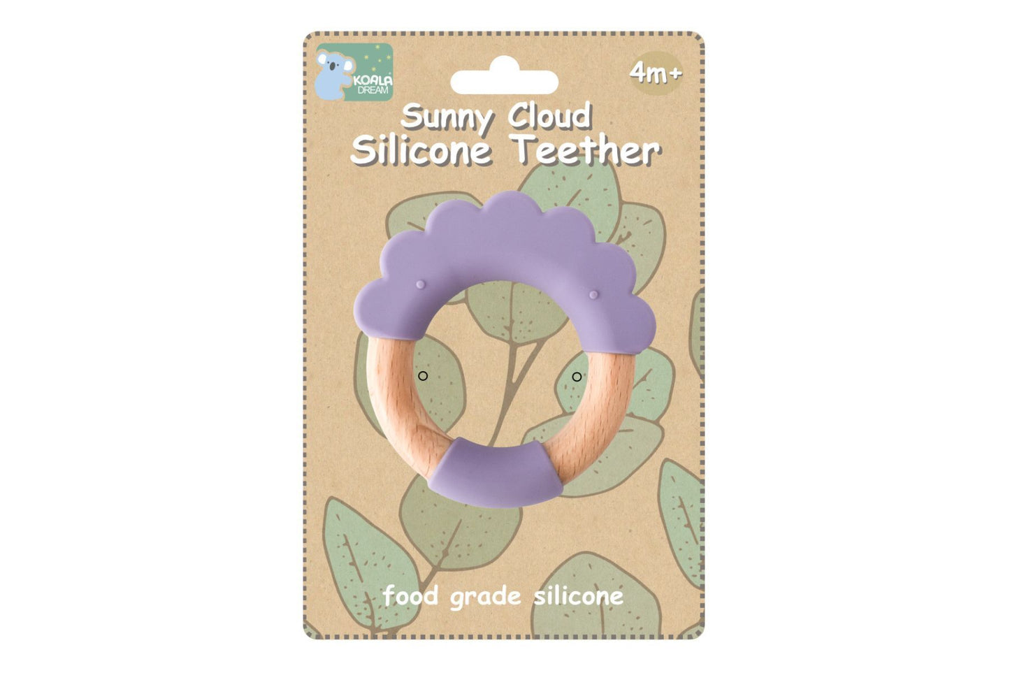 Purple Cloud Silicone Teether with Wooden Ring | Safe, soothing teething relief, perfect for infants.