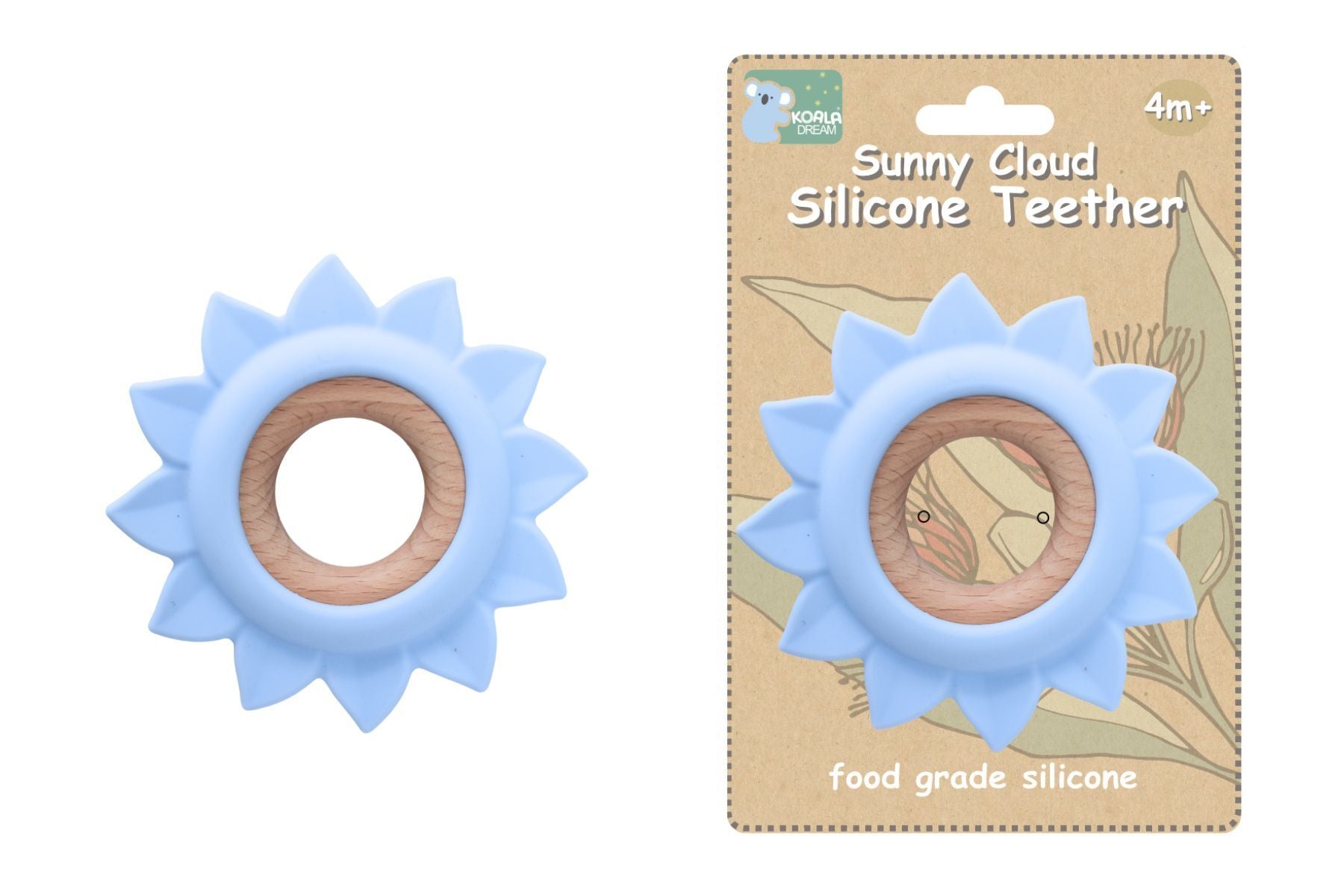 Koala Dream Blue Sunflower Teether | Silicone & Wood toy for babies teething relief at home.