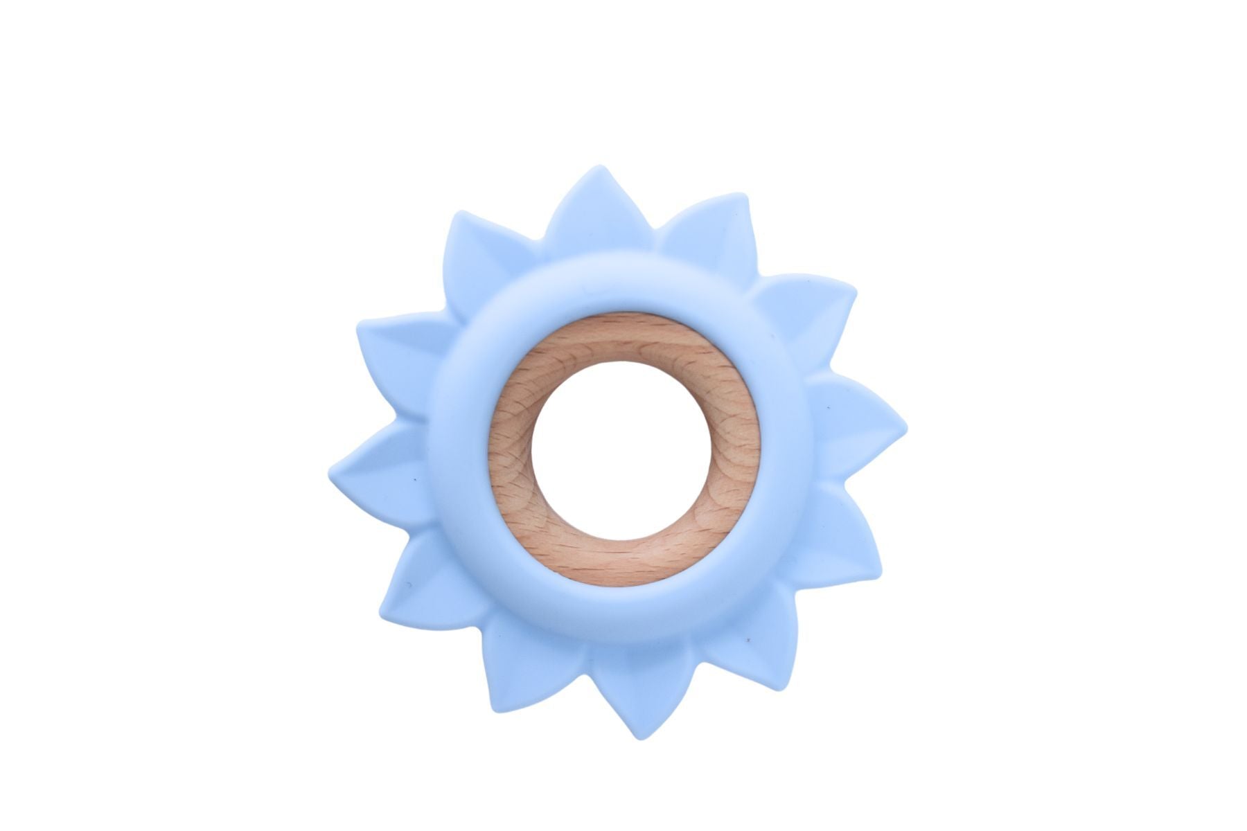 Blue Sunflower Silicone & Wood Teether for Babies, a soothing and safe teething solution.