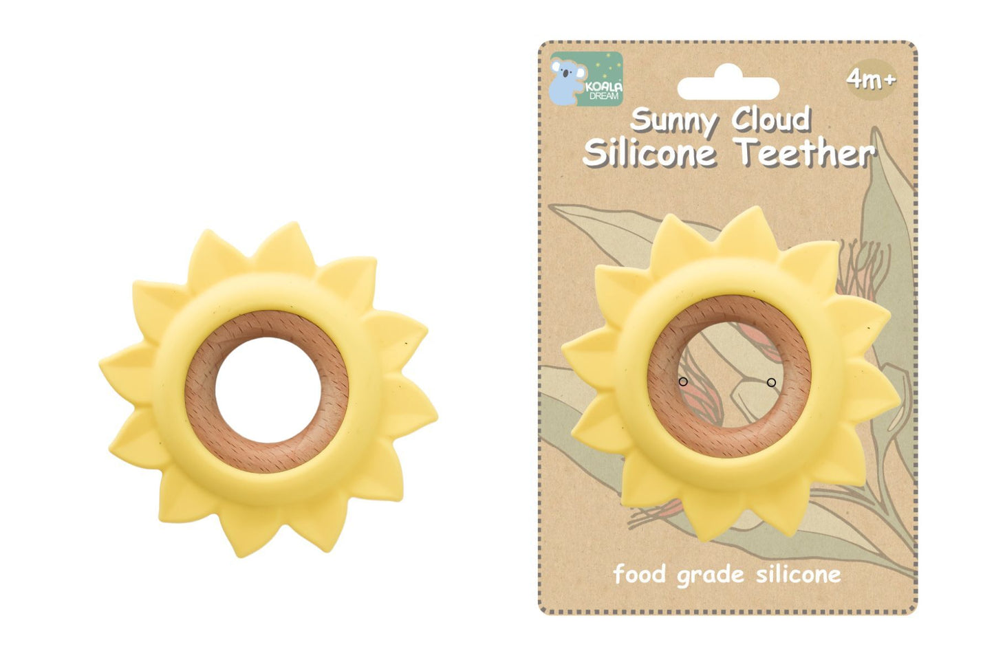 Sunny yellow sunflower teether for soothing gums, perfect for infants and children.