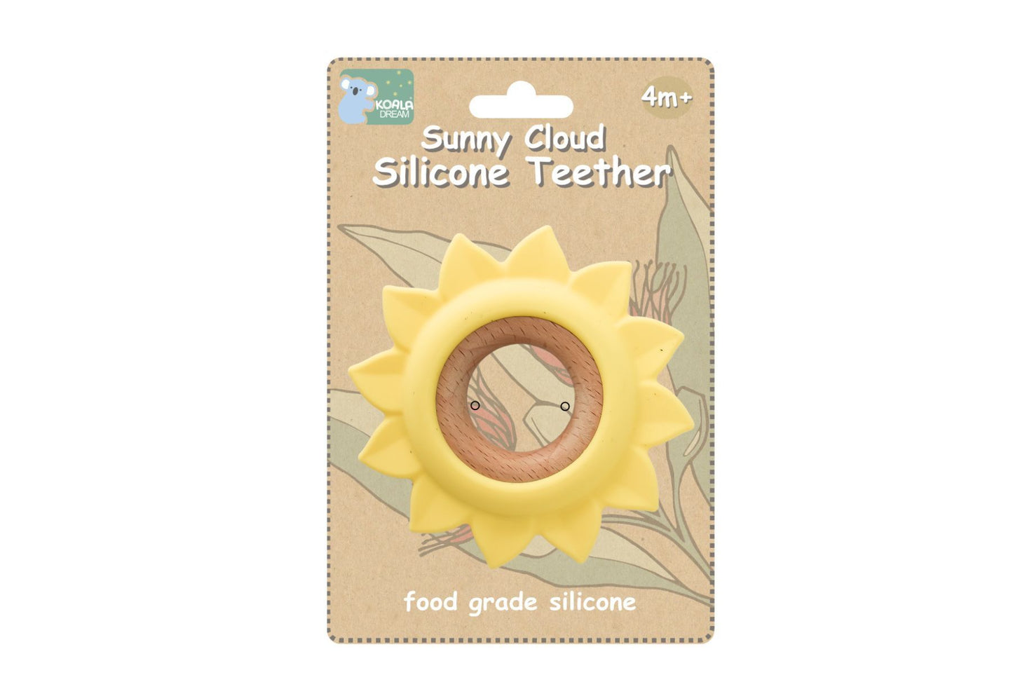 Yellow sunflower silicone teether for soothing babys teething discomfort at home.