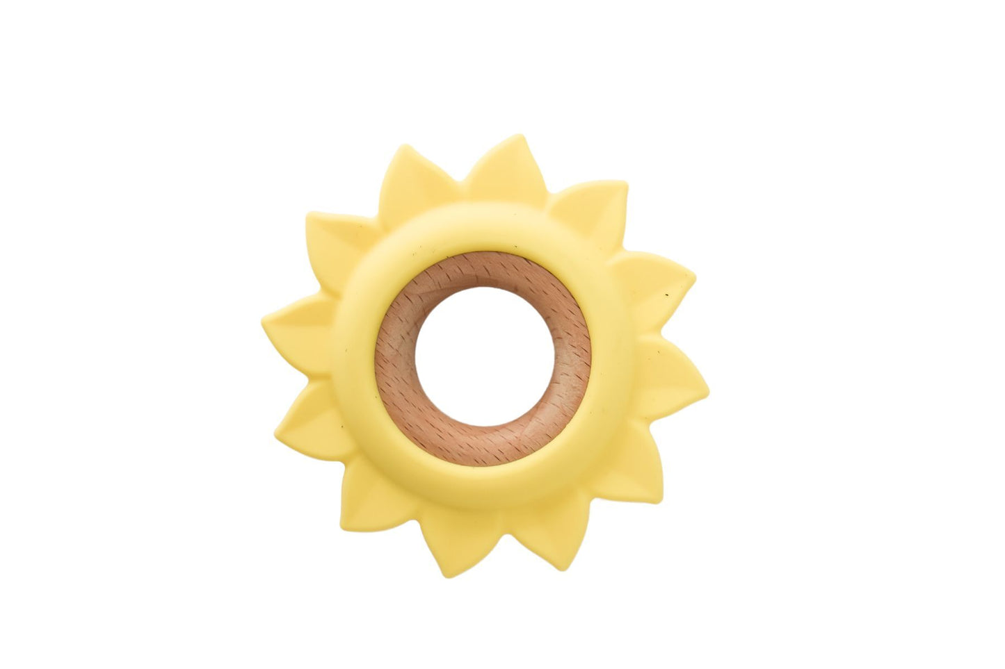 Yellow sunflower design silicone teether for babies, soothing gums during teething.