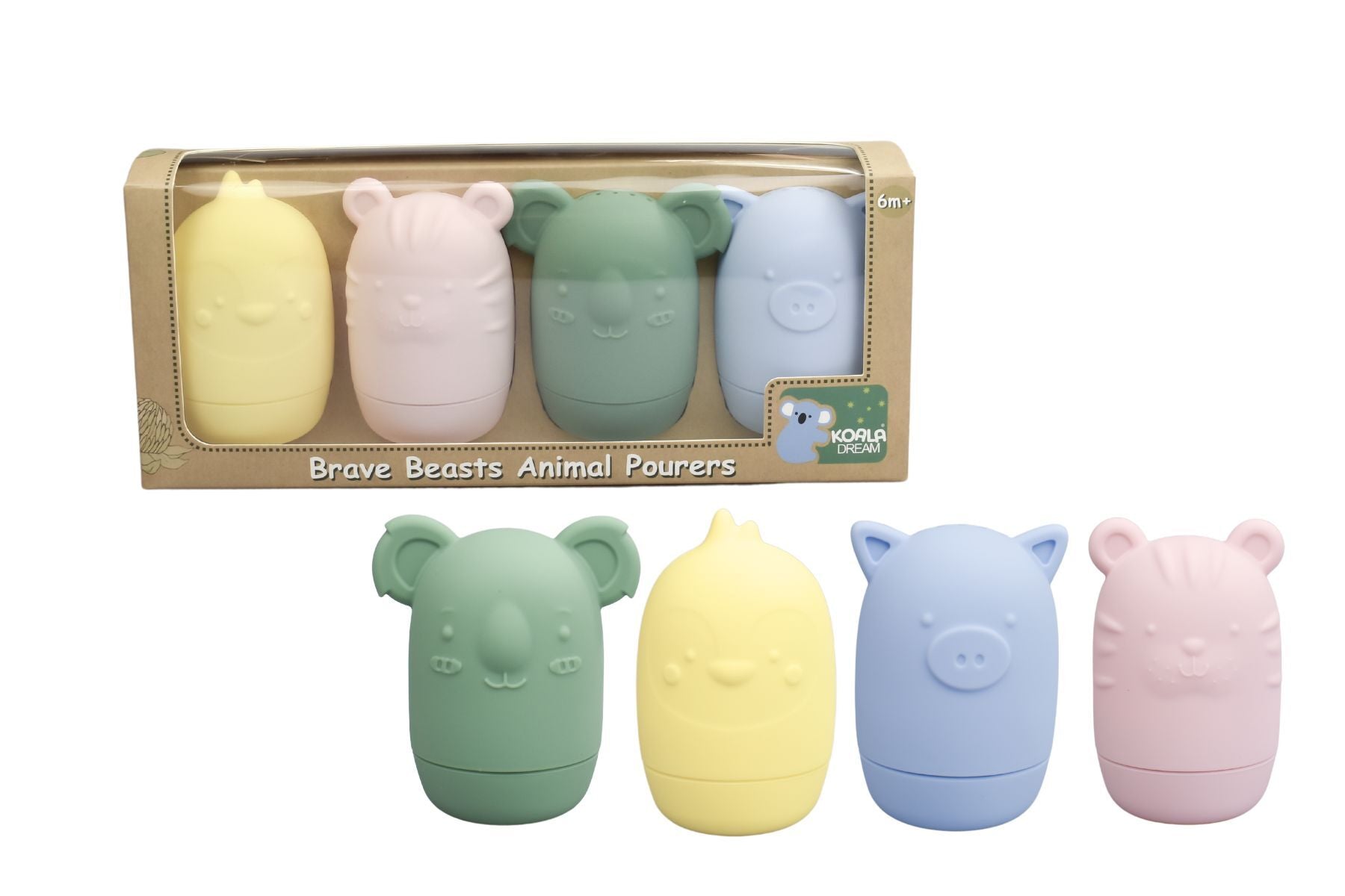 Colorful silicone animal bath pourers set, including 4 pastel beasts. Perfect for kids bath time fun.