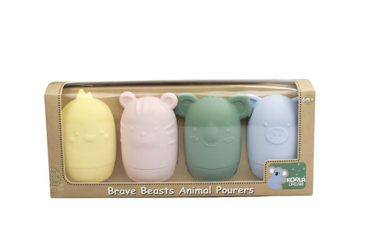 Colorful silicone animal bath pourers add fun to kids bath time play activities.