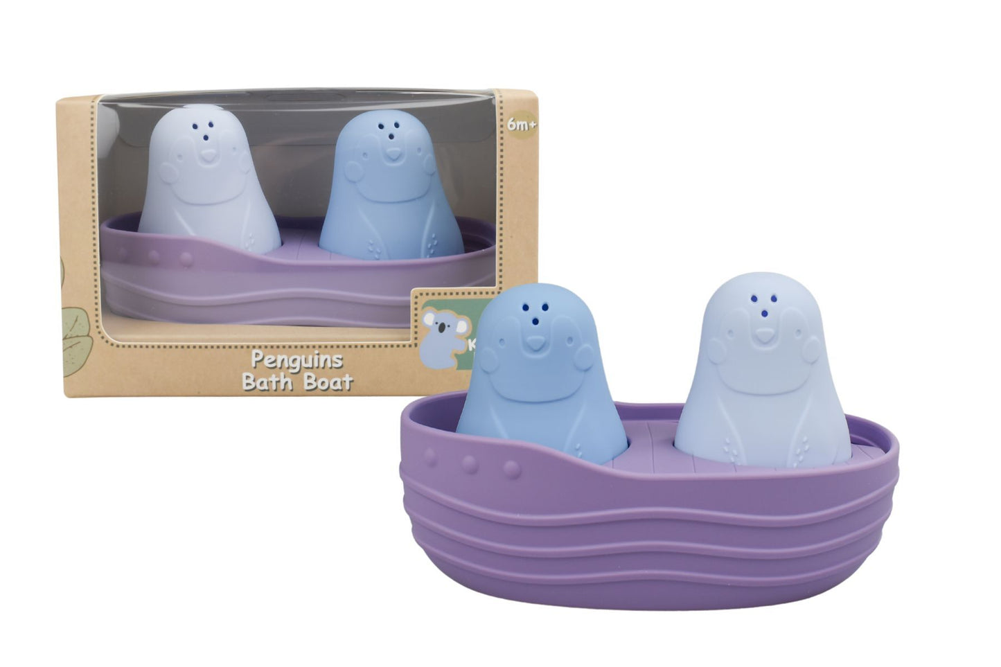 Silicone penguin bath boat set in purple & blue, ideal for kids bath time fun.