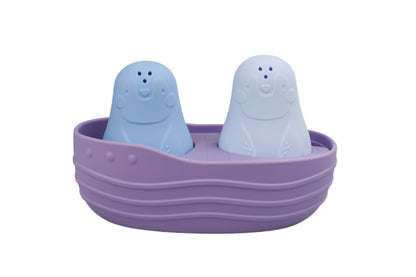 Colorful silicone penguin bath boat set in purple and blue for kids bathtime fun.