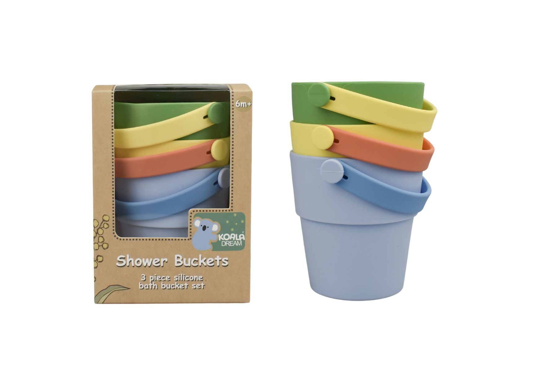 3pc Silicone Koala Shower Buckets Set tailored for kids, perfect for bath time play.