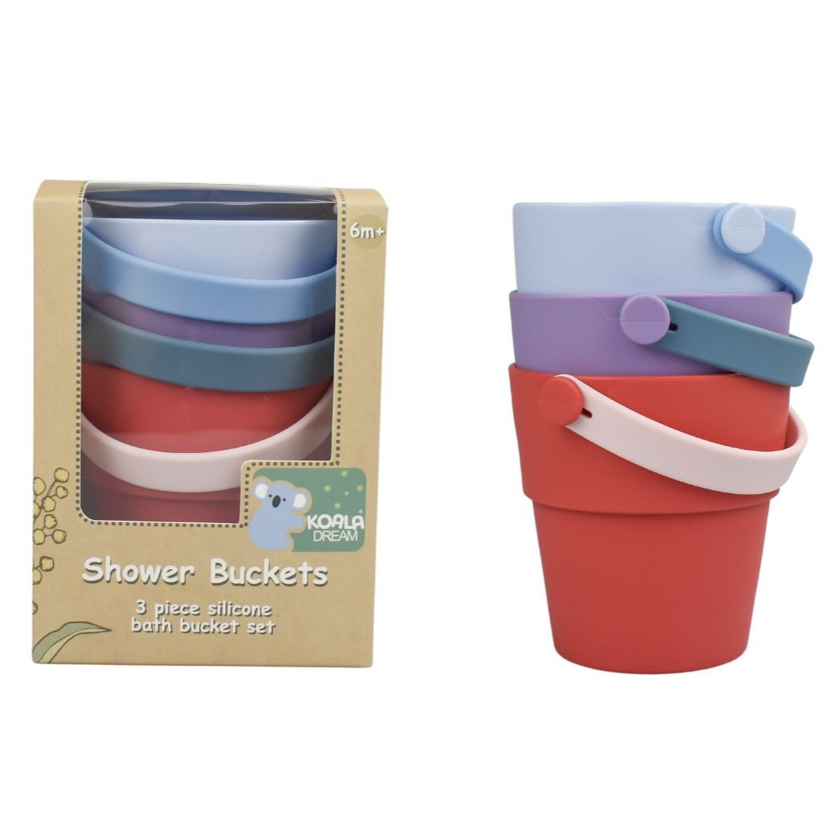 Purple silicone shower buckets set for kids water play, featuring koala dream design.