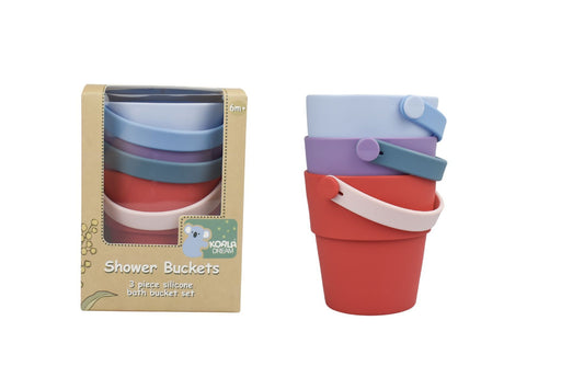 Purple silicone shower buckets set for kids water play, featuring koala dream design.