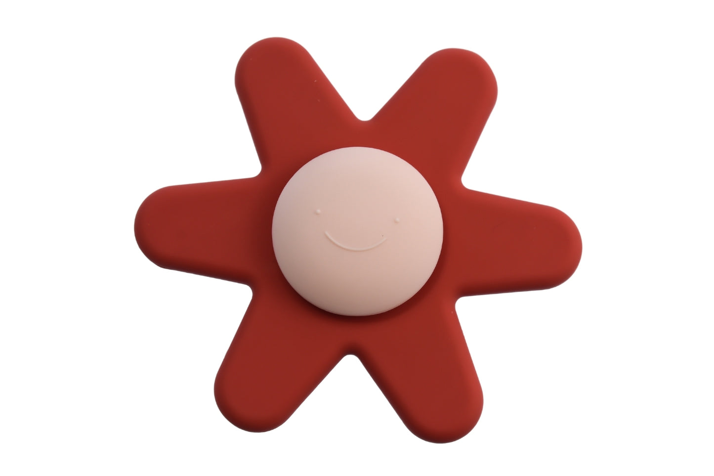 Colorful silicone daisy spinner toy with red and pink petals, perfect for kids playtime.