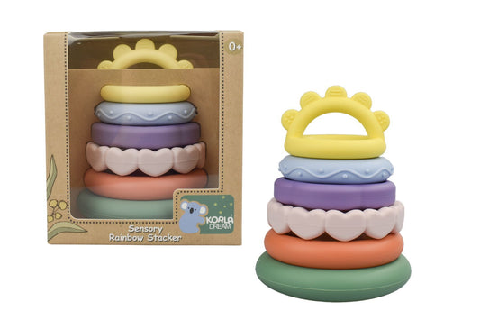 Silicone rainbow stacking teether with koala design for soothing babies gums and sensory play.