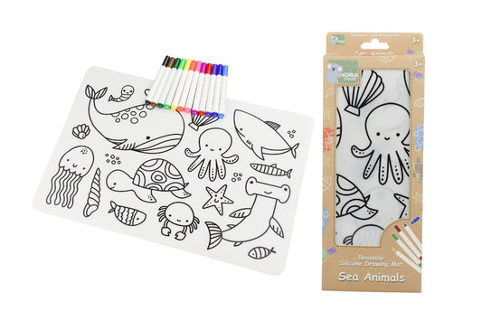 Colorful eco-friendly silicone drawing mat featuring sea animals for creative kids fun at home.