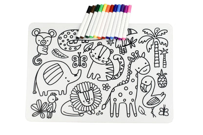 Reusable jungle animal drawing mat with markers, offering endless creative fun for kids at home.