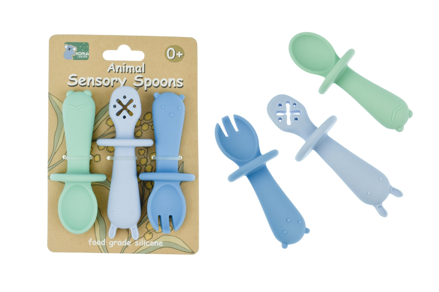 Silicone Animal Sensory Spoons | Blue Green Ergonomic Design