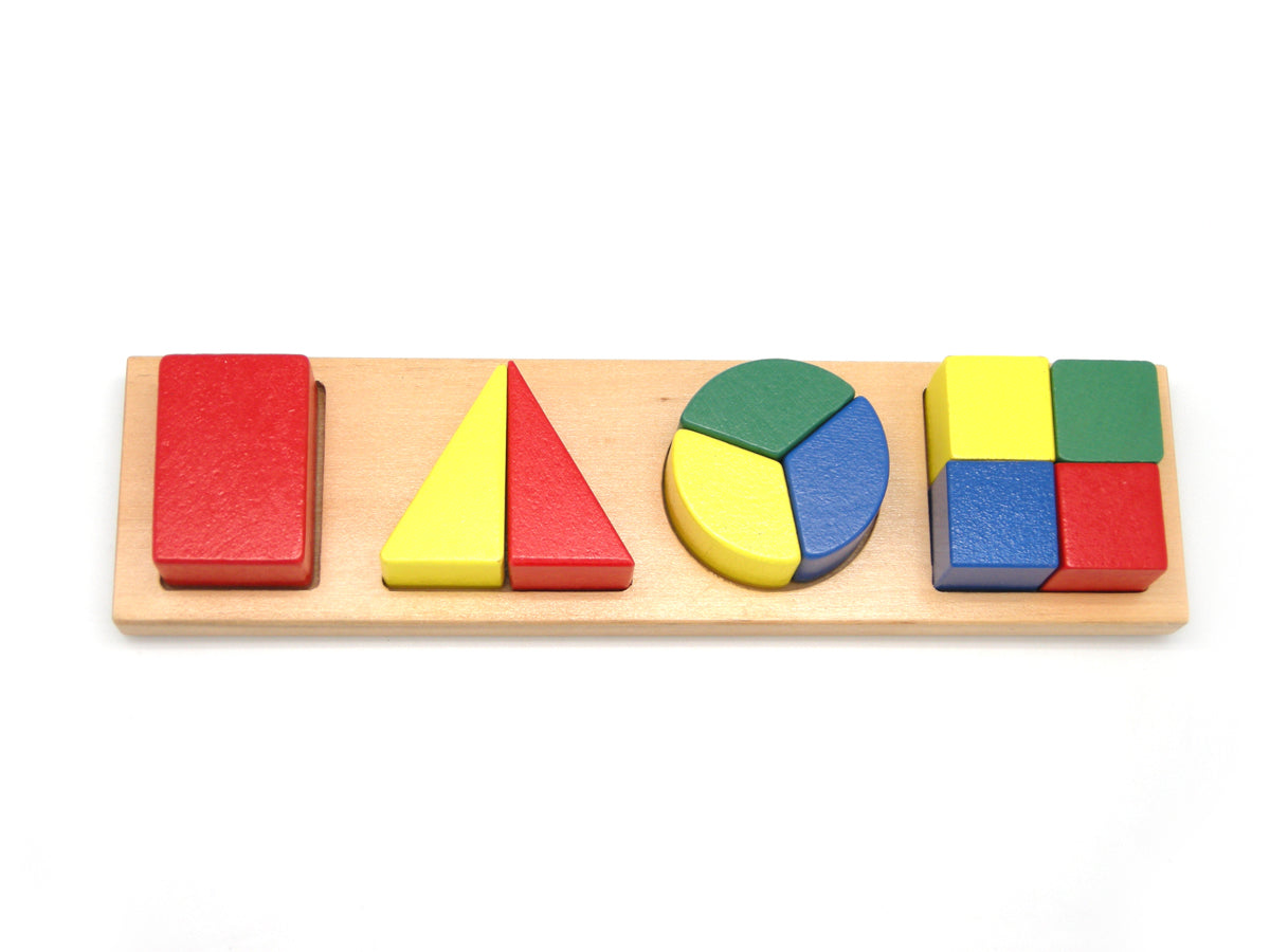 Colorful wooden puzzle for kids learning shapes and fractions, ideal for at-home education.