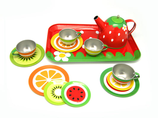 Colorful fruit-themed tin tea set for kids imaginative play at home.