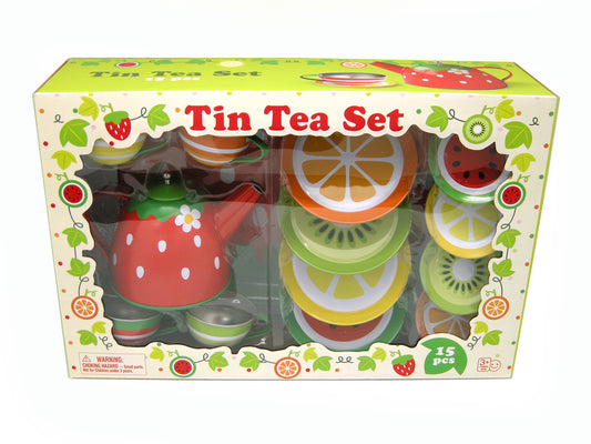 Colorful fruit-themed tin tea set for kids, 15 pieces, ideal for imaginative play at home.