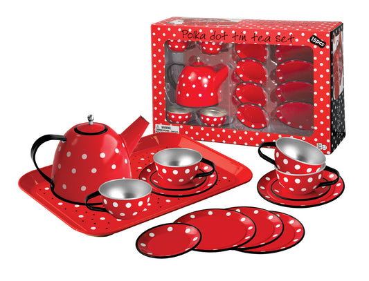 Colorful Red Polka Dot Tin Tea Set | 15-Piece Playset for Kids Pretend Tea Parties