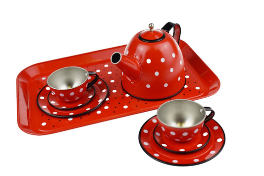 Colorful Red Polka Dot Tin Tea Set - 15-Piece Kids Playset for Imaginative Home Play