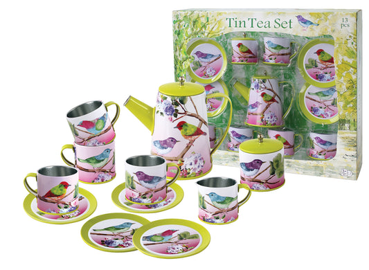 Colorful Bird Tin Tea Set for kids pretend play tea parties at home.