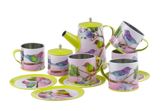 Colorful 13-piece Bird Tin Tea Set for kids pretend play tea parties at home.