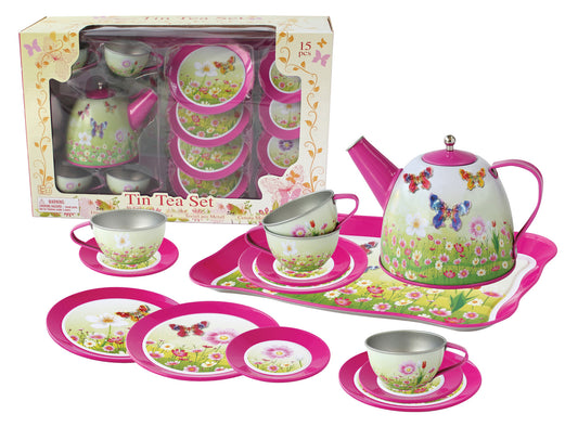 Colorful 15-piece tin tea set with pink butterfly design for imaginative play at home.