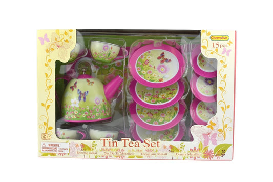 Pink Butterfly Tea Set | 15-Piece Tin Playset ideal for pretend play and tea parties.