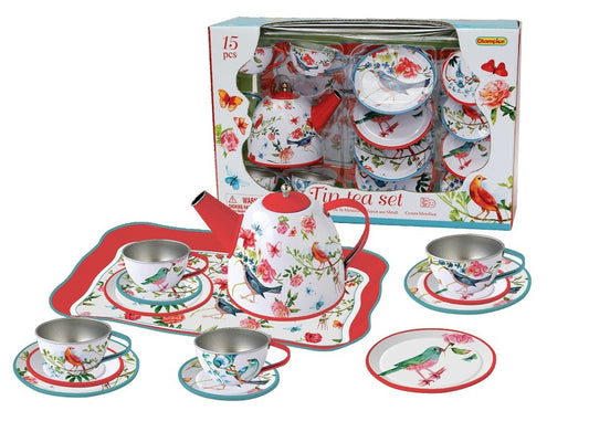 Colorful 15 piece tin tea set with garden bird design for childrens imaginative play at home