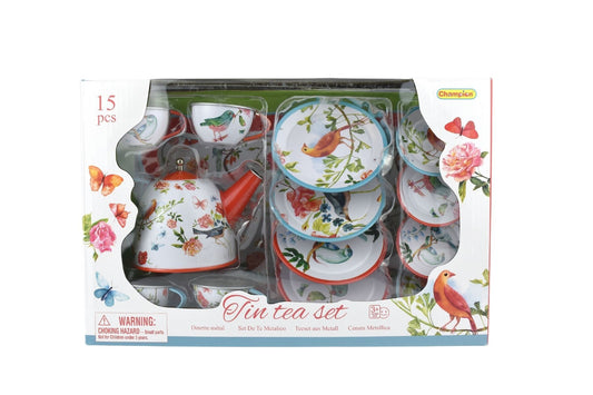 Colorful tin tea set featuring garden bird designs; perfect for imaginative play at home.