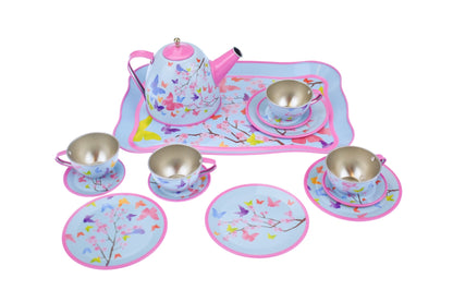 Pink Blossom Butterfly Tin Tea Set | Enchanting 15-Piece Set