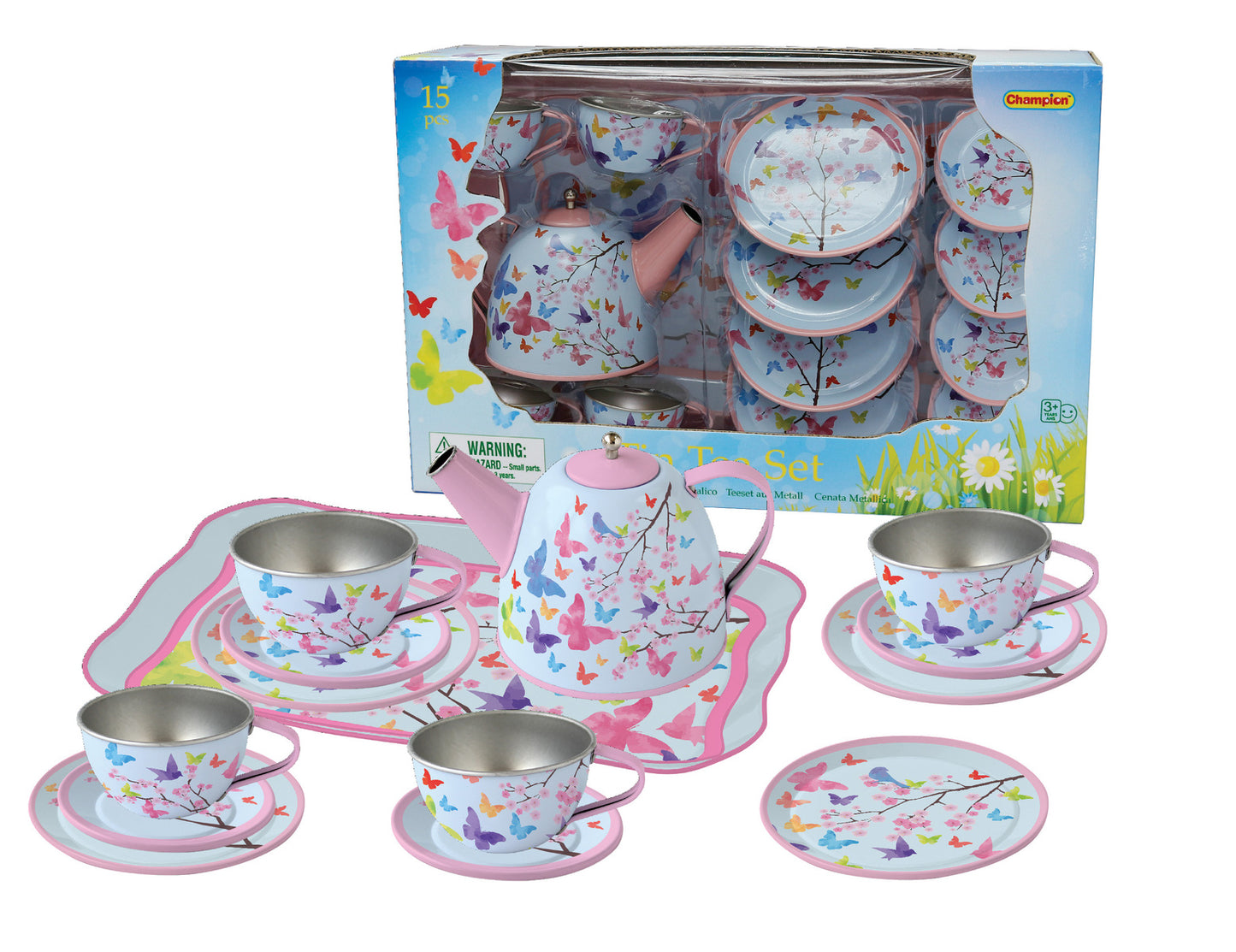 Pink Blossom Butterfly Tin Tea Set | Enchanting 15-Piece Set