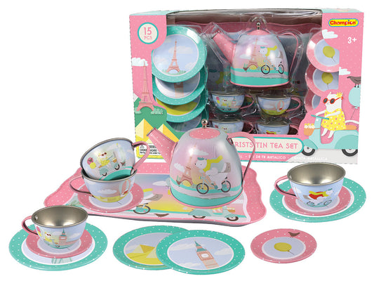 Colorful 15pc Animal Tourist Tin Tea Set by Kaper Kidz for Kids playtime.