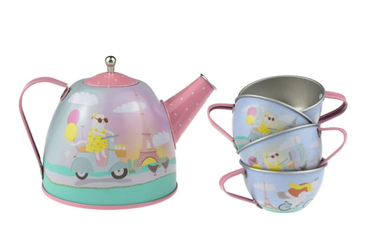 Colorful 15pc Animal Tourist Tin Tea Set by Kaper Kidz for imaginative play at home.