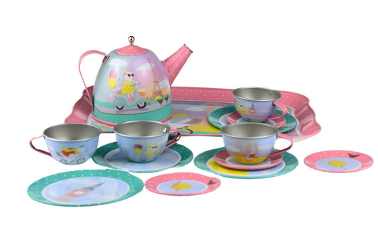 15pc Animal Tourist Tin Tea Set by Kaper Kidz, perfect for kids imaginative playtime.