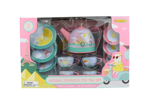 15pc Animal Tourist Tin Tea Set by Kaper Kidz | Vibrant, themed tea set for kids imaginative play.