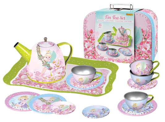 Colorful Fairy Garden 15 Piece Tin Tea Set in Suitcase for imaginative childrens tea parties