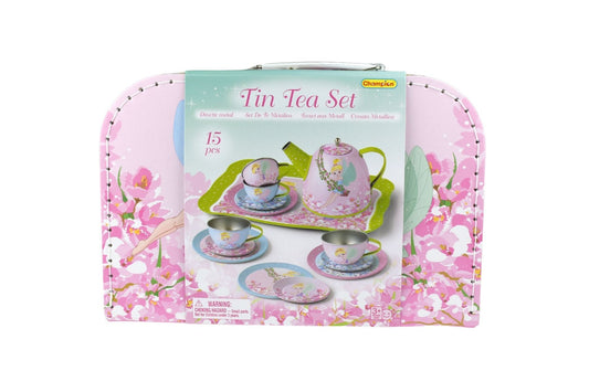 Colorful 15-piece tin tea set in suitcase for kids fairy garden pretend play.