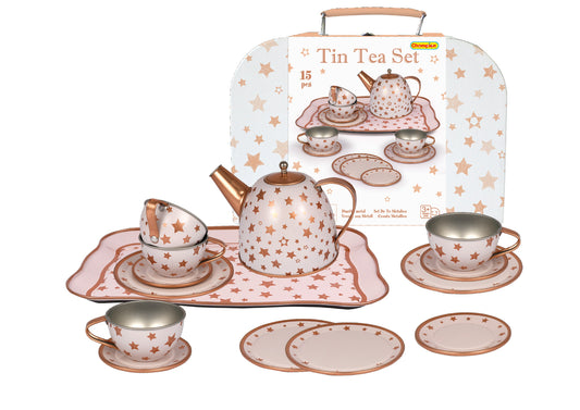 Gold star tin tea set in suitcase for kids imaginary tea parties at home.